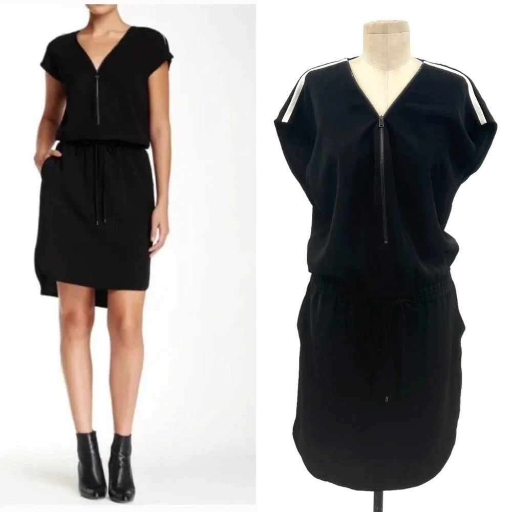 Vince Contrast Trim‎ Zipper V-Neck Drawstring Dress Black Size Small